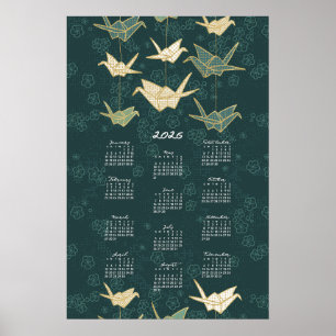 Calendrier 2026 Poster Grues origami Vert et Or
