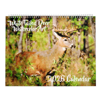 Calendrier 2026 Whitetail Deer Watercolor Painting Wildlife