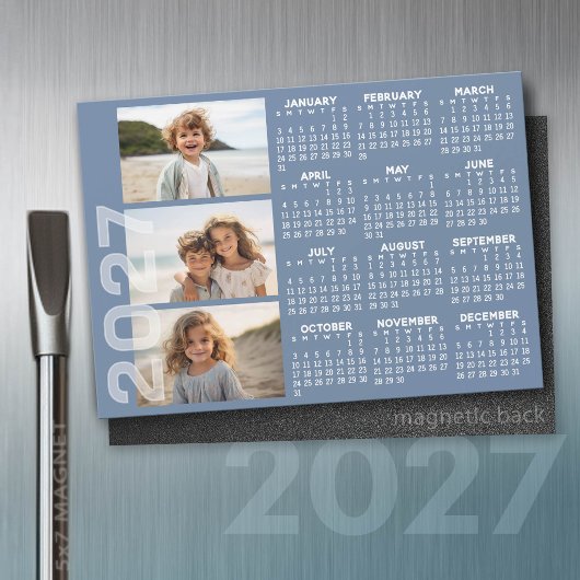Calendrier 2027 - 3 Photos Magnet Minimal Bleu de