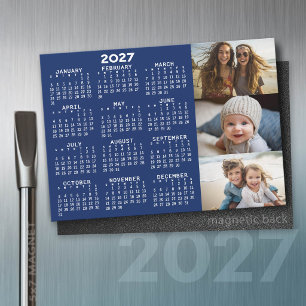 Calendrier 2027 3 Photos Minimal Bleu Blanc Magnet