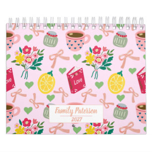 Calendrier 2027 Fleurs à ruban rose dessiné à la main citron