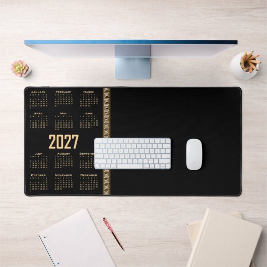 Calendrier 2027, Frette Grecque, Beige sur Noir (Bureau 1)