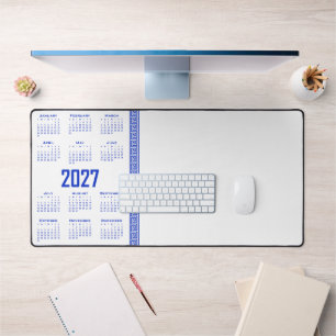 Calendrier 2027, Frette Grecque, Bleu Grec sur Fon