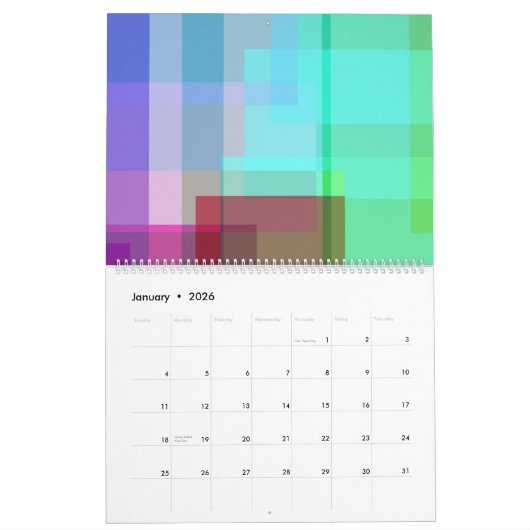 Calendrier abstrait coloré et transparent (Jan 2026)