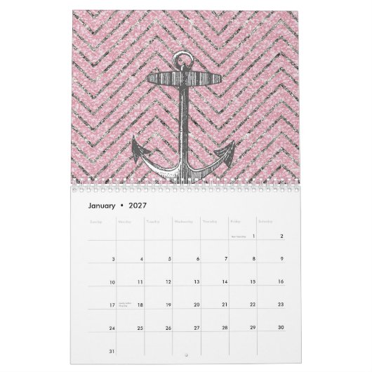 Calendrier Ancre argentée rose Girly de motif de Chevron de (Jan 2027)