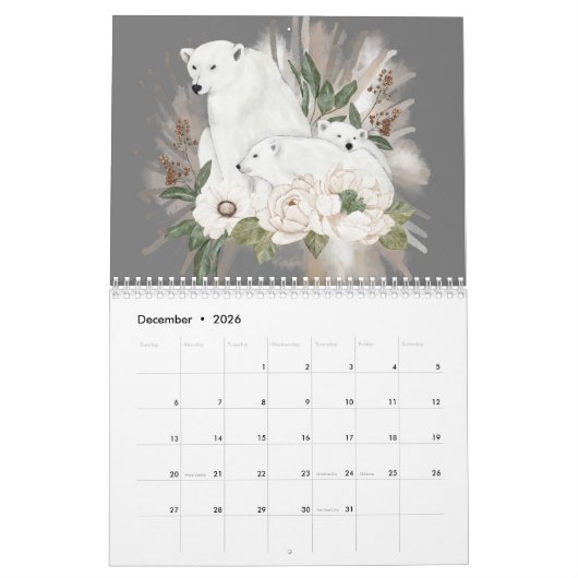 Calendrier Animaux sauvages Gris Floral Aquarelle d'hiver (Dec 2026)