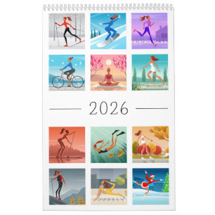 Calendrier Année 2026 Sport Fitness Jeune Femme Fille Coloré