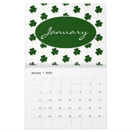 Calendrier Année personnalisée 2024 Irlandais Shamrock Motif  (Jan 2026)