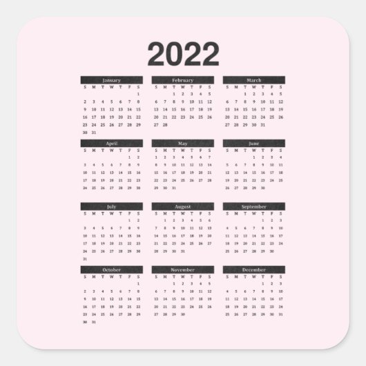 Calendrier annuel 2022 sur Sticker Carré rose pâle (Devant)