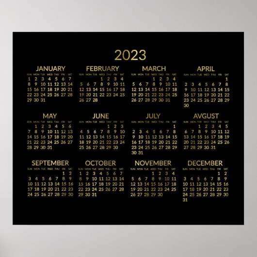 Calendrier annuel 2023 Poster Or Faux et Noir (Devant)