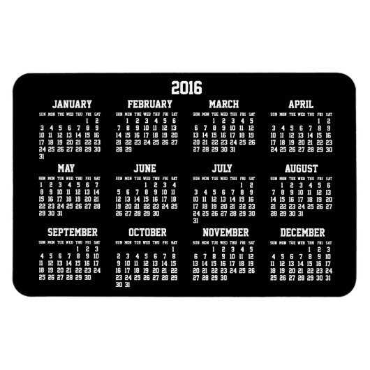 Calendrier annuel noir 2016 grands Magnets flexibl (Horizontal)