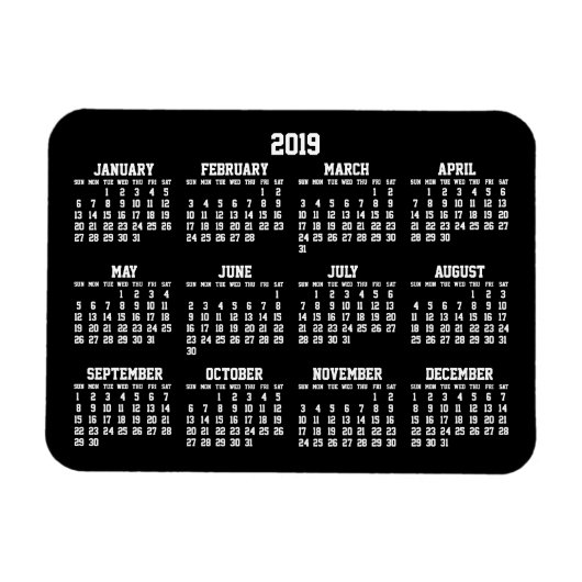 Calendrier annuel noir 2019 petits Magnets flexibl (Horizontal)