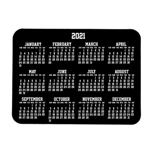 Calendrier annuel noir 2021 petits Magnets flexibl (Horizontal)