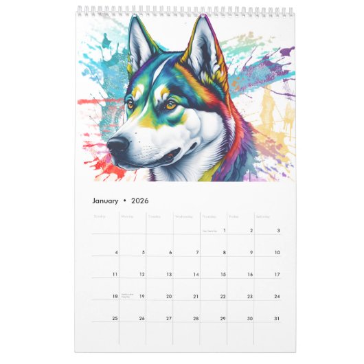 Calendrier Aquarelle arc-en-ciel Sibérienne Husky (Jan 2026)