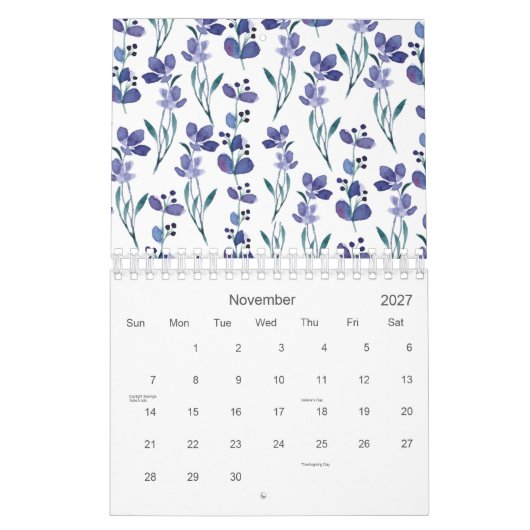 Calendrier Aquarelle Blue Floral Pattern 2026 (Nov 2027)