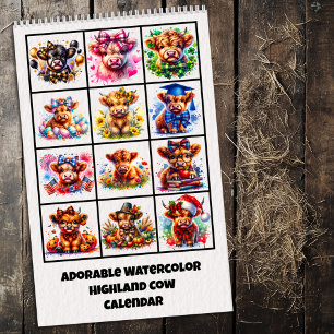 Calendrier aquarelle de vache Highland adorable