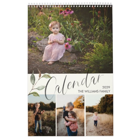Calendrier Aquarelle moderne Eucalyptus Script Multi Photo (Protection)