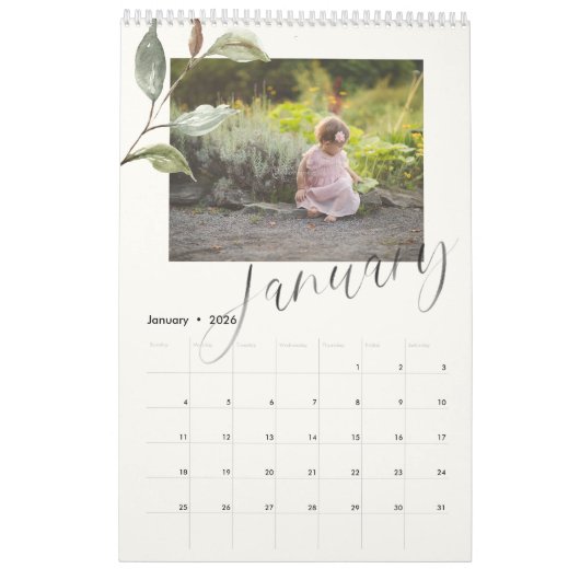 Calendrier Aquarelle moderne Eucalyptus Script Multi Photo (Jan 2026)