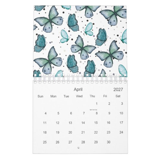 Calendrier Aquarelle Papillons verts et points 2026 (Apr 2027)