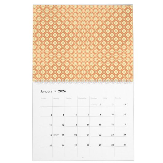 Calendrier arrière - plan orange et blanc avec motif (Jan 2026)