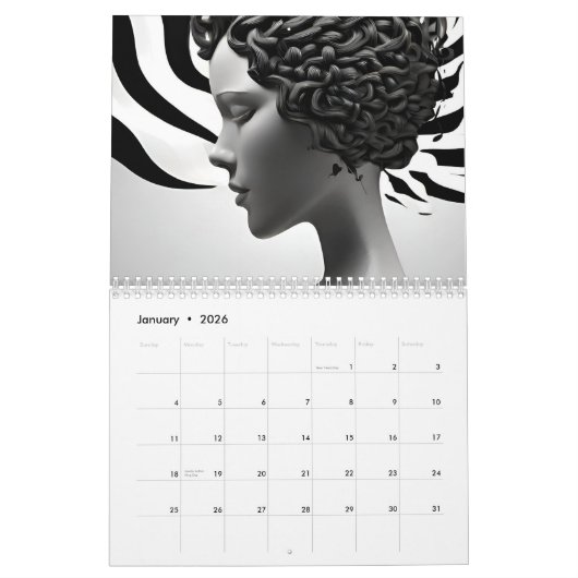 Calendrier Art abstrait noir et blanc (Jan 2026)