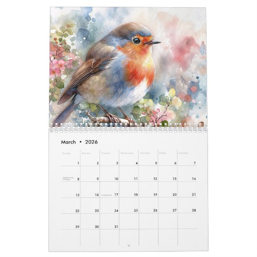 Calendrier artistique de l'aquarelle des oiseaux (Mar 2026)