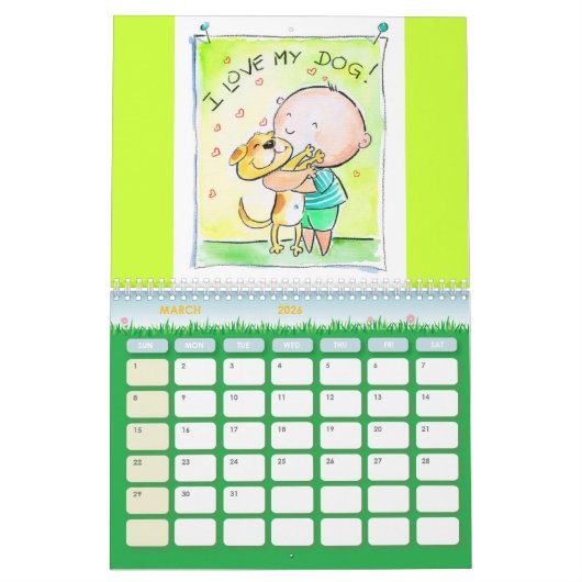 Calendrier avec illustrations d'animaux (Mar 2026)