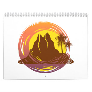 Calendrier Badge avec paysage volcanique tropical et palmiers