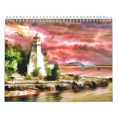 Calendrier Beau coucher de soleil rose Nautique phare côtier (Protection)