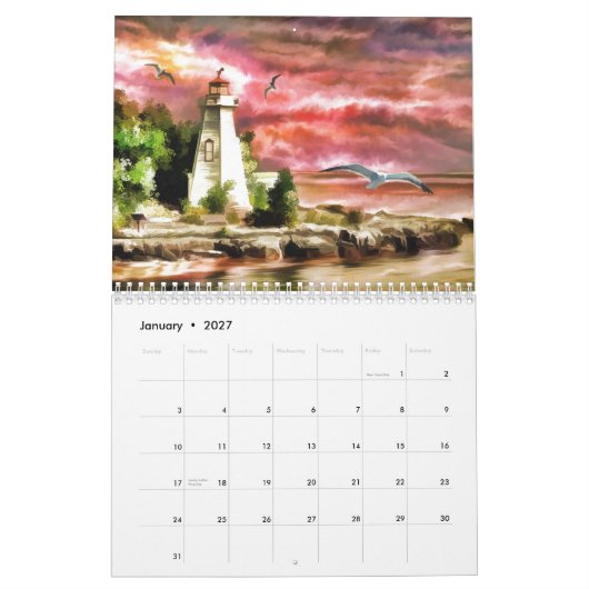 Calendrier Beau coucher de soleil rose Nautique phare côtier (Jan 2027)