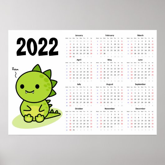 Calendrier bébé dragon 2022 Poster - Début dimanch (Devant)