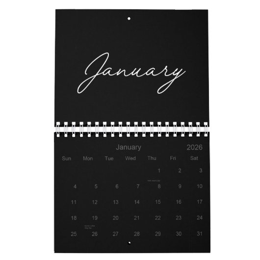 Calendrier Black and White Elegant Modern Script 2026 (Jan 2026)