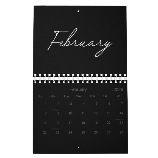 Calendrier Black and White Elegant Modern Script 2026 (Feb 2026)