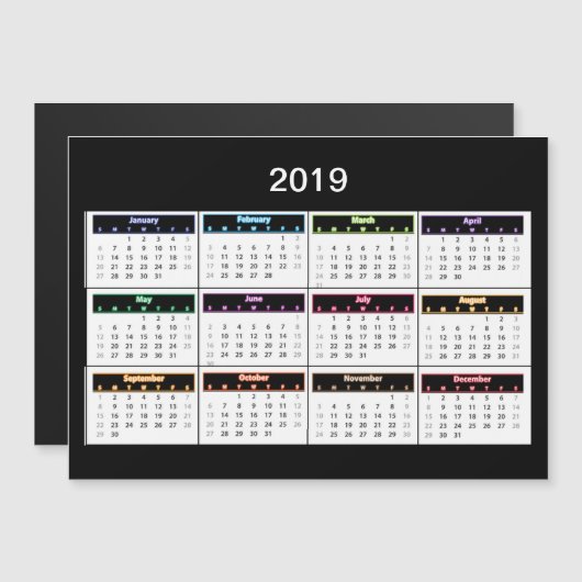 Calendrier Black Mini Magnet 2019 (Devant / Derrière)