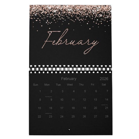 Calendrier Black Rose Gold Glitter Elegant Modern Script 2026 (Feb 2026)