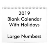 Calendrier Blanc 2019 Avec Vacances Nombres Grands (Protection)