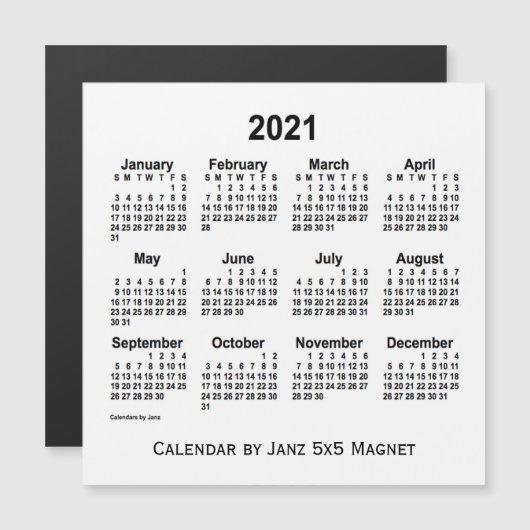 Calendrier blanc 2021 par Janz 5x5 Magnet (Devant / Derrière)