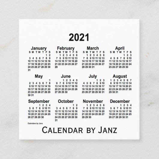 Calendrier blanc 2021 par Janz Carte de visite Car (Devant)