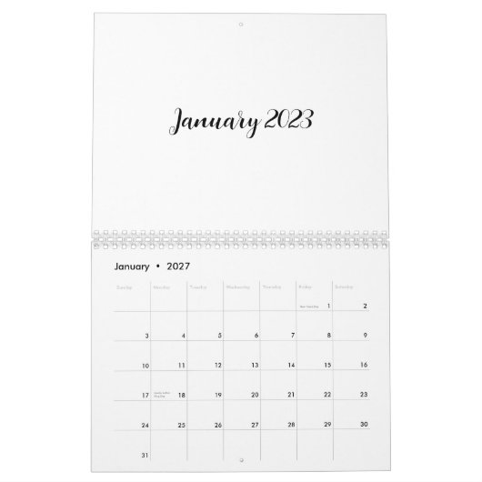 Calendrier blanc 2023 avec texte de script (Jan 2027)