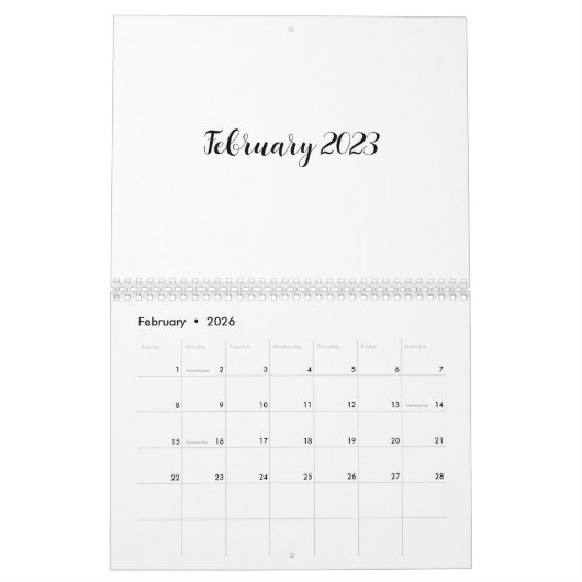 Calendrier blanc 2023 avec texte de script (Feb 2026)