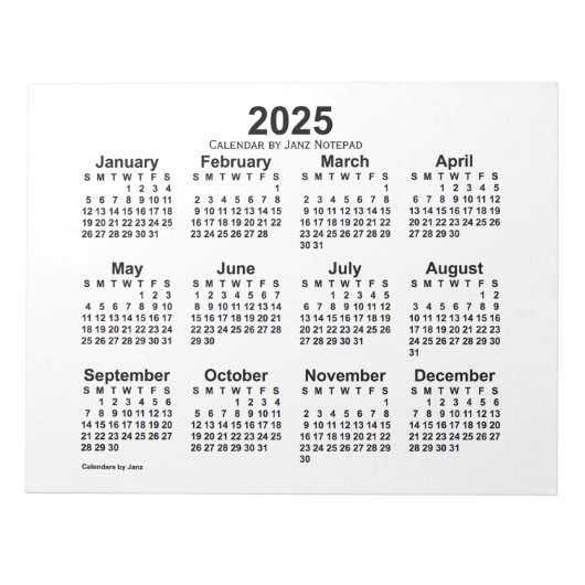 Calendrier blanc 2025 par Janz 11x8.5 Bloc-notes (Devant)