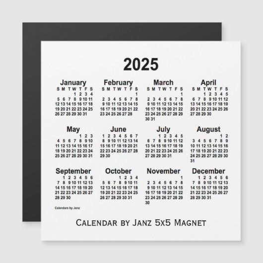 Calendrier blanc 2025 par Janz 5x5 Magnet (Devant / Derrière)