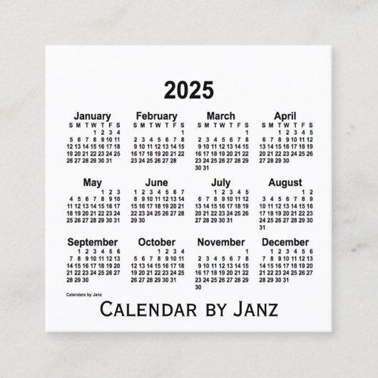 Calendrier blanc 2025 par Janz Carte de visite Car (Devant)