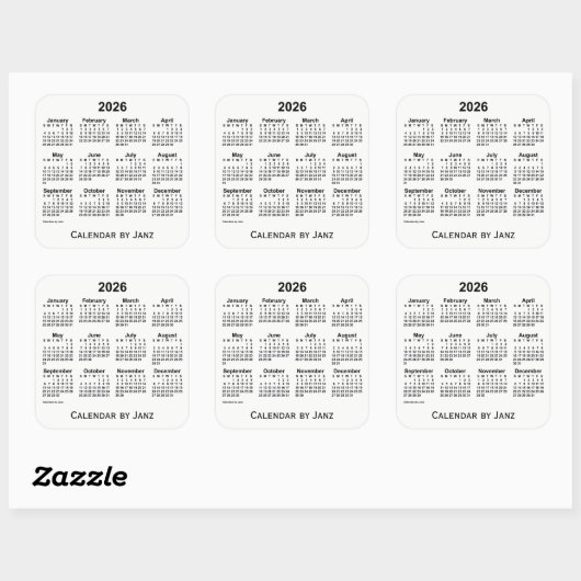 Calendrier blanc 2026 par Sticker Carré Janz (Feuille)