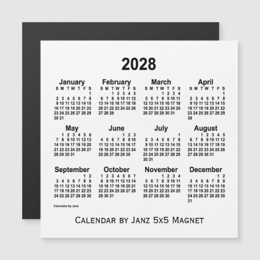 Calendrier blanc 2028 par Janz 5x5 Magnet (Devant / Derrière)
