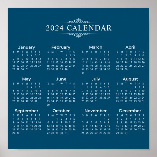 Calendrier bleu 2024 simple mais élégant | Poster (Devant)