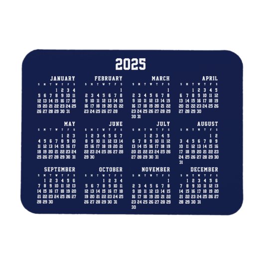 Calendrier bleu marine 2025 Magnet flexible (Horizontal)