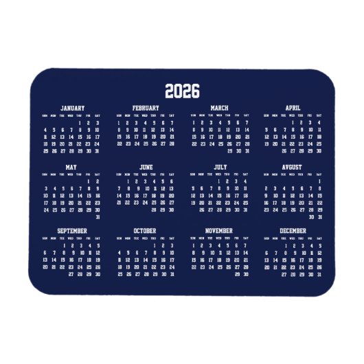 Calendrier bleu marine 2026 Magnet flexible (Horizontal)
