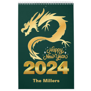 Calendrier Bonne année 2024 Golden Chinese Dragon Green