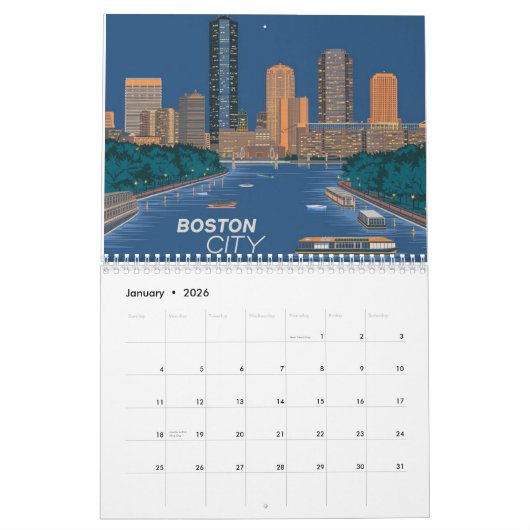 Calendrier Boston City Skyline, Boston Ma Us (Jan 2026)